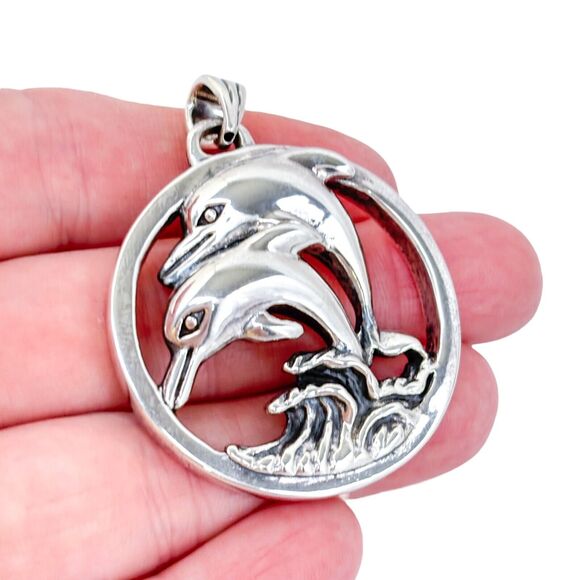 Vintage Sterling Silver 925 Jumping Dolphins Pendant - Picture 1 of 6